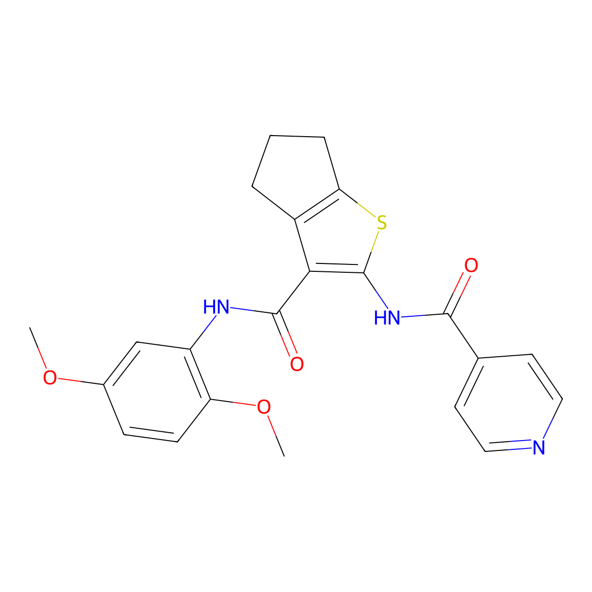 N-[3-[(2,5-dimethoxyphenyl)carbamoyl]-5,6-dihydro-4H-cyclopenta[b]thiophen-2-yl]pyridine-4-carboxamide molecular structure, CAS 499198-45-7