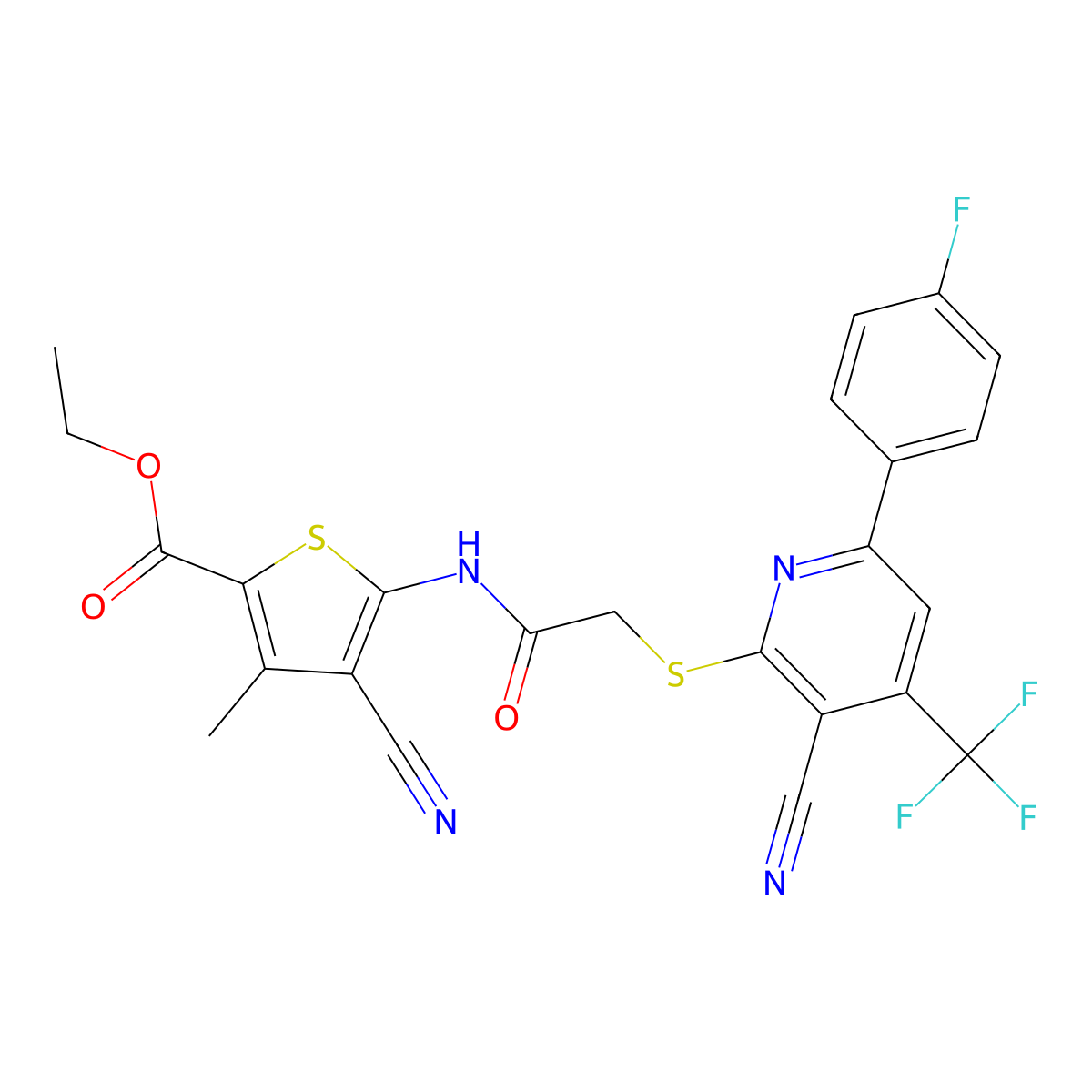 Ethyl 4-cyano-5-[[2-[3-cyano-6-(4-fluorophenyl)-4-(trifluoromethyl)pyridin-2-yl]sulfanylacetyl]amino]-3-methylthiophene-2-carboxylate molecular structure, CAS 499208-69-4