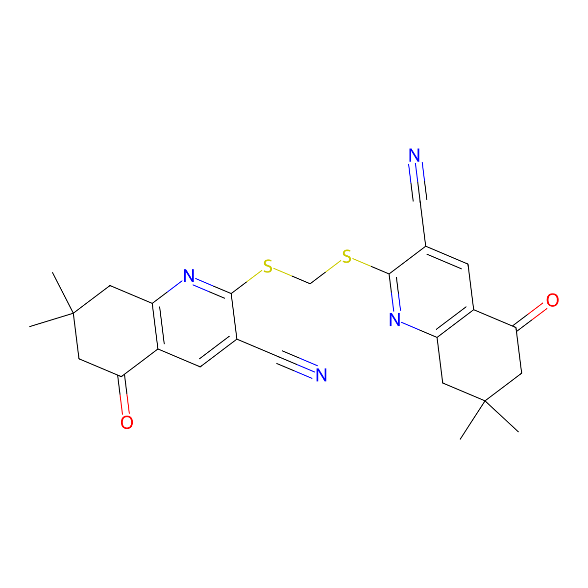 2-({[(3-Cyano-7,7-dimethyl-5-oxo-5,6,7,8-tetrahydroquinolin-2-yl)sulfanyl]methyl}sulfanyl)-7,7-dimethyl-5-oxo-5,6,7,8-tetrahydroquinoline-3-carbonitrile molecular structure, CAS 499208-99-0
