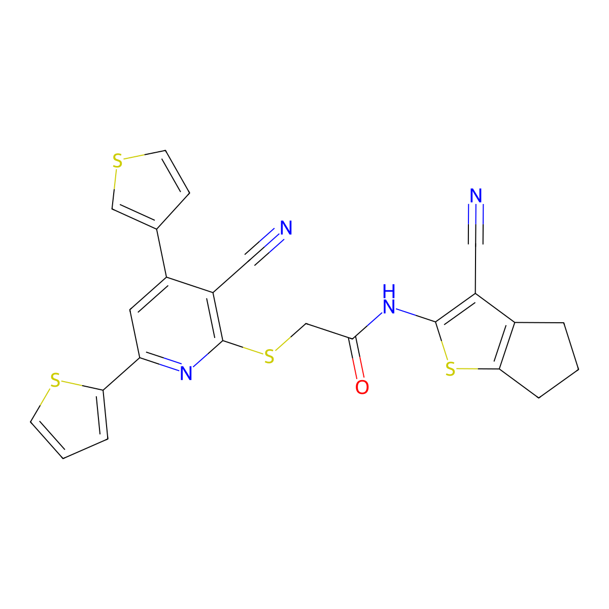 N-(3-cyano-5,6-dihydro-4H-cyclopenta[b]thiophen-2-yl)-2-(3-cyano-6-thiophen-2-yl-4-thiophen-3-ylpyridin-2-yl)sulfanylacetamide molecular structure, CAS 499210-15-0