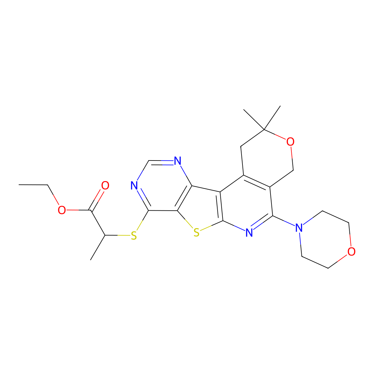 ethyl 2-((2,2-dimethyl-5-morpholino-2,4-dihydro-1H-pyrano[4'',3'':4',5']pyrido[3',2':4,5]thieno[3,2-d]pyrimidin-8-yl)thio)propanoate molecular structure, CAS 499210-28-5