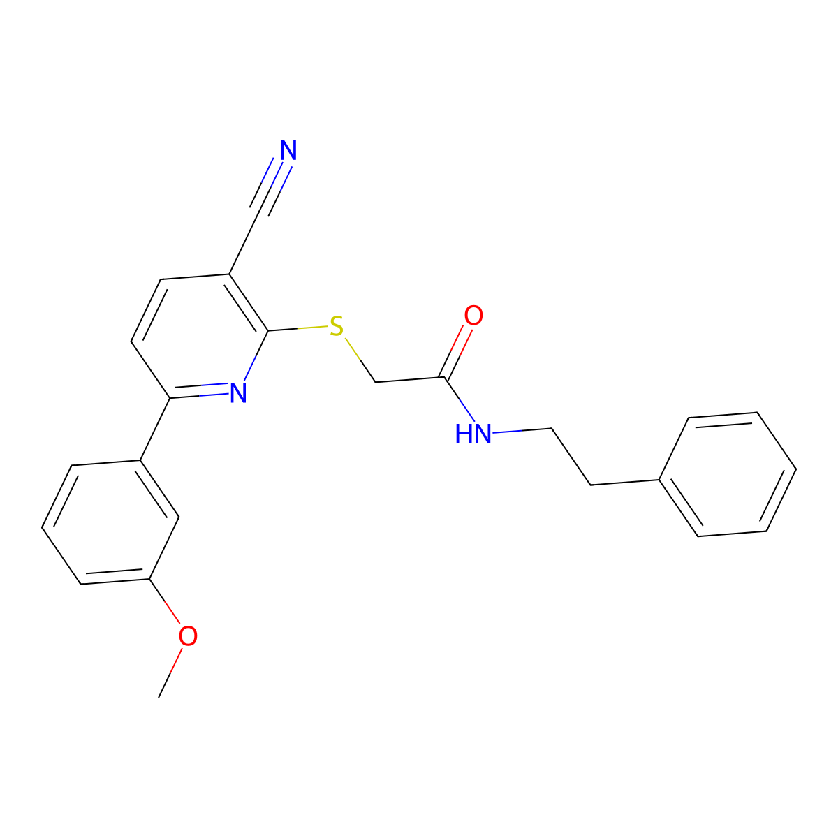 2-{[3-cyano-6-(3-methoxyphenyl)pyridin-2-yl]sulfanyl}-N-(2-phenylethyl)acetamide molecular structure, CAS 499211-12-0
