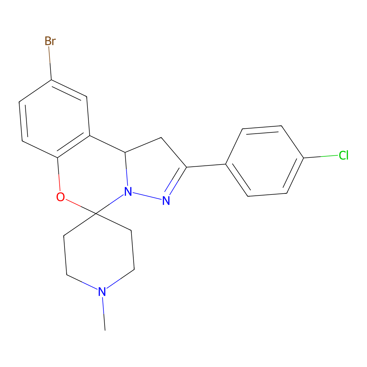 2-bromo-9-(4-chlorophenyl)-14-methylspiro[10aH-benzo[e]2-pyrazolino[1,5-c]1,3-oxazine-6,4'-piperidine] molecular structure, CAS 499212-09-8