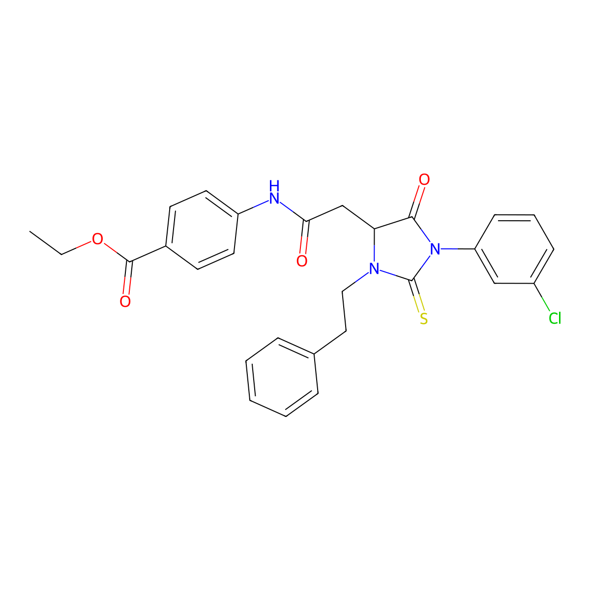 Ethyl 4-({[1-(3-chlorophenyl)-5-oxo-3-(2-phenylethyl)-2-thioxoimidazolidin-4-yl]acetyl}amino)benzoate molecular structure, CAS 499219-30-6
