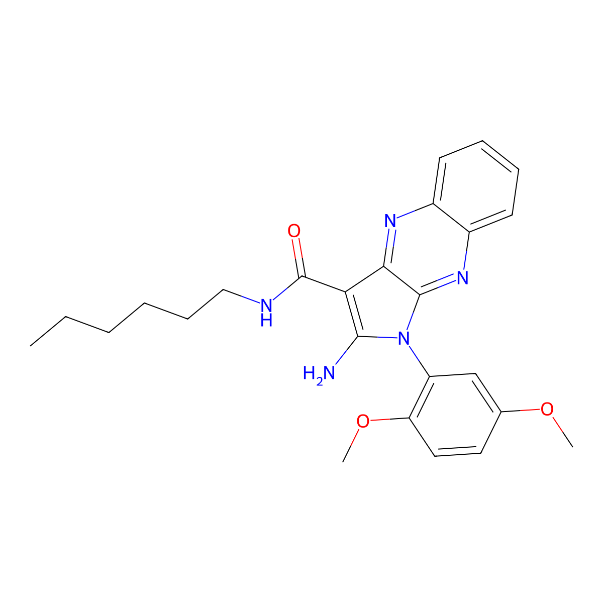 2-amino-1-(2,5-dimethoxyphenyl)-N-hexyl-1H-pyrrolo[2,3-b]quinoxaline-3-carboxamide molecular structure, CAS 499226-98-1