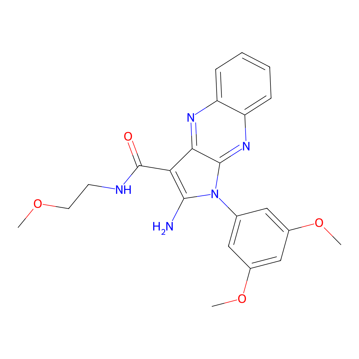 2-amino-1-(3,5-dimethoxyphenyl)-N-(2-methoxyethyl)-1H-pyrrolo[2,3-b]quinoxaline-3-carboxamide molecular structure, CAS 499227-90-6