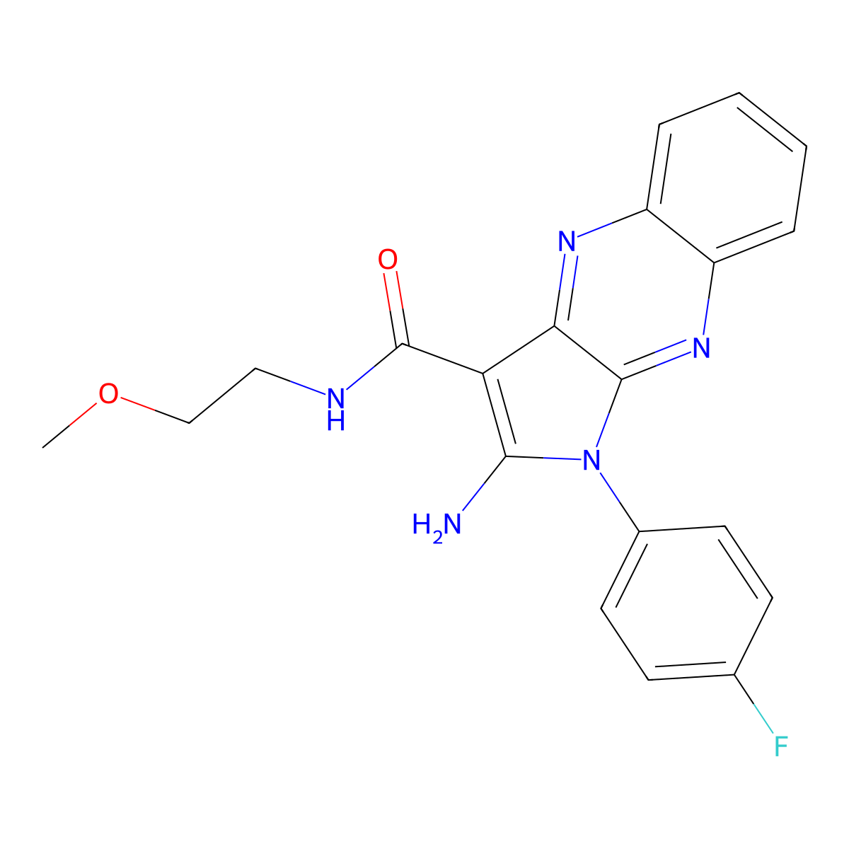 2-amino-1-(4-fluorophenyl)-N-(2-methoxyethyl)-1H-pyrrolo[2,3-b]quinoxaline-3-carboxamide molecular structure, CAS 499227-92-8