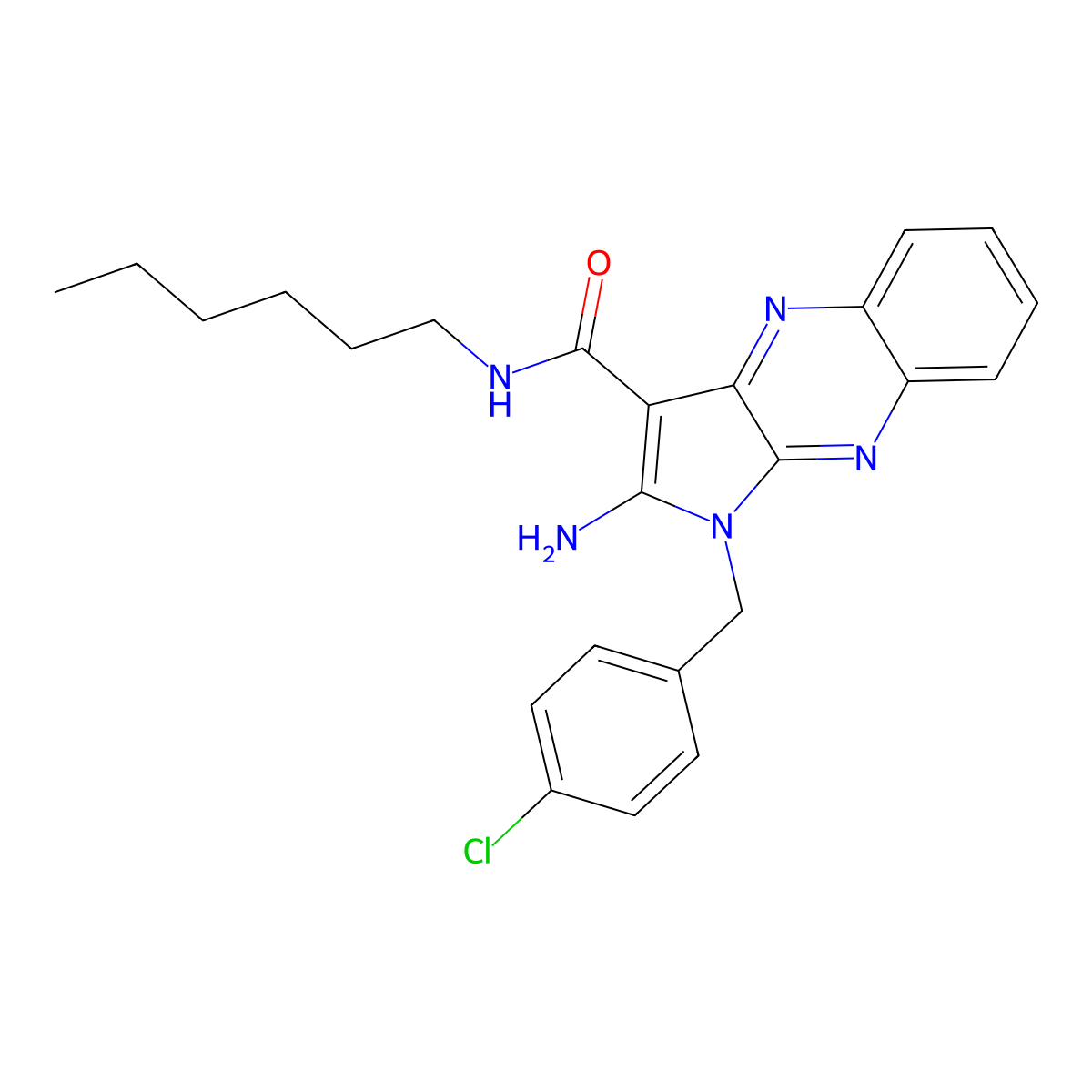 2-amino-1-(4-chlorobenzyl)-N-hexyl-1H-pyrrolo[2,3-b]quinoxaline-3-carboxamide molecular structure, CAS 499228-50-1