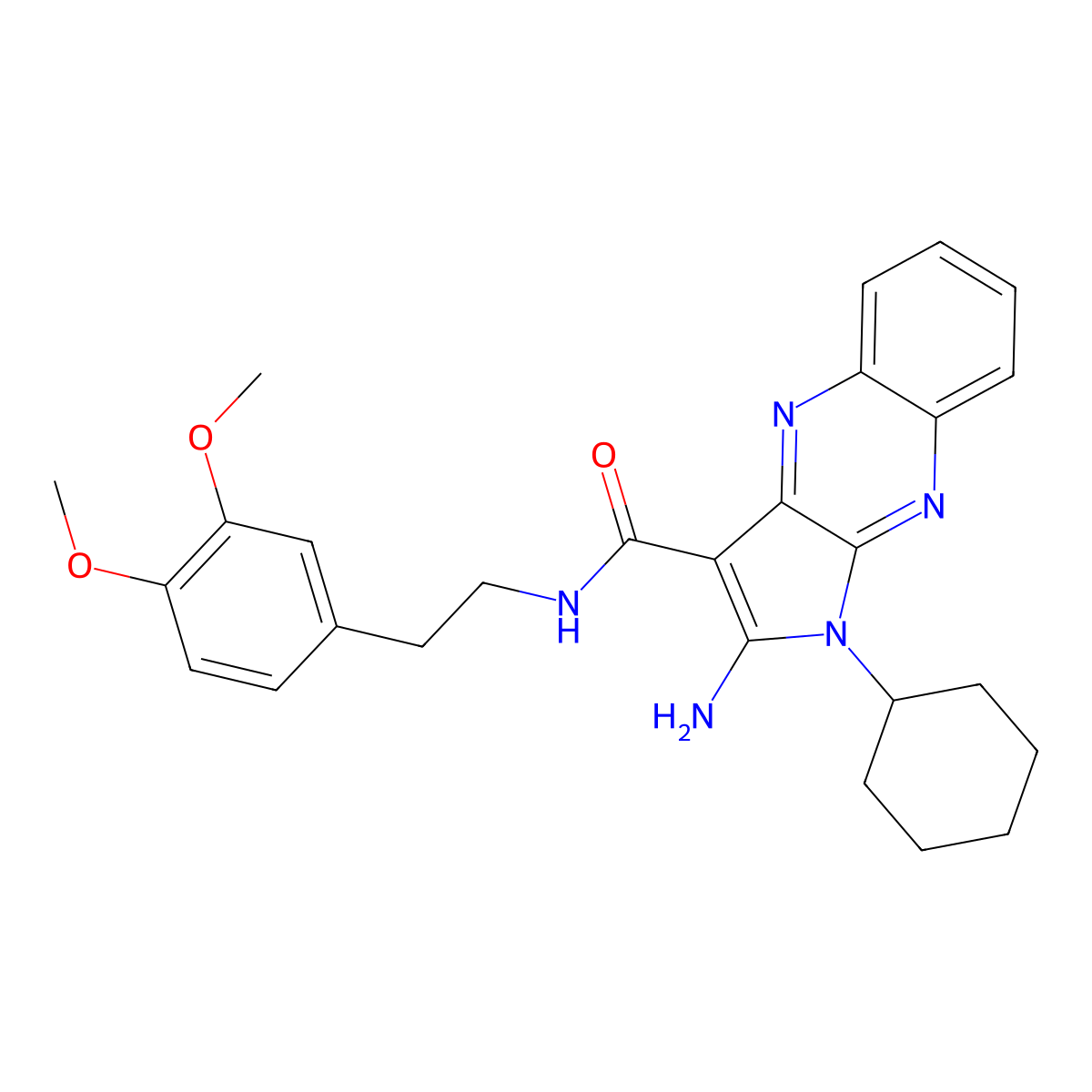 2-amino-1-cyclohexyl-N-(3,4-dimethoxyphenethyl)-1H-pyrrolo[2,3-b]quinoxaline-3-carboxamide molecular structure, CAS 499231-41-3
