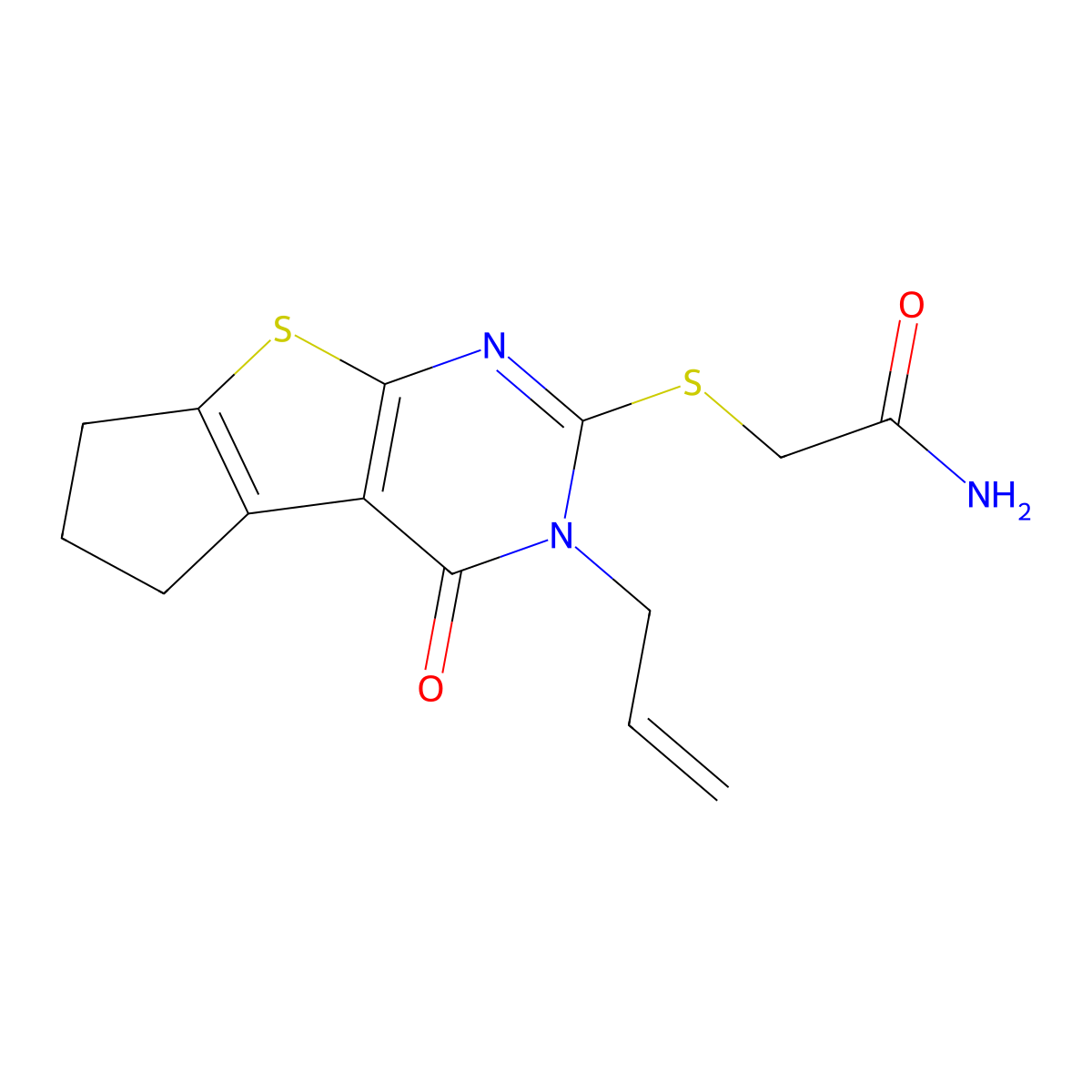 2-(5-Allyl-4-oxo-2,3,4,5-tetrahydro-1H-8-thia-5,7-diaza-cyclopenta[a]inden-6-ylsulfanyl)-acetamide molecular structure, CAS 499232-09-6