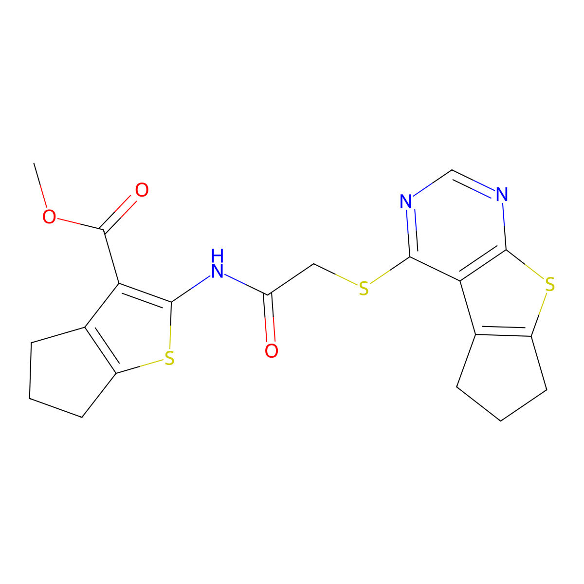 methyl 2-(2-{7-thia-9,11-diazatricyclo[6.4.0.0^{2,6}]dodeca-1(12),2(6),8,10-tetraen-12-ylsulfanyl}acetamido)-4H,5H,6H-cyclopenta[b]thiophene-3-carboxylate molecular structure, CAS 499232-27-8