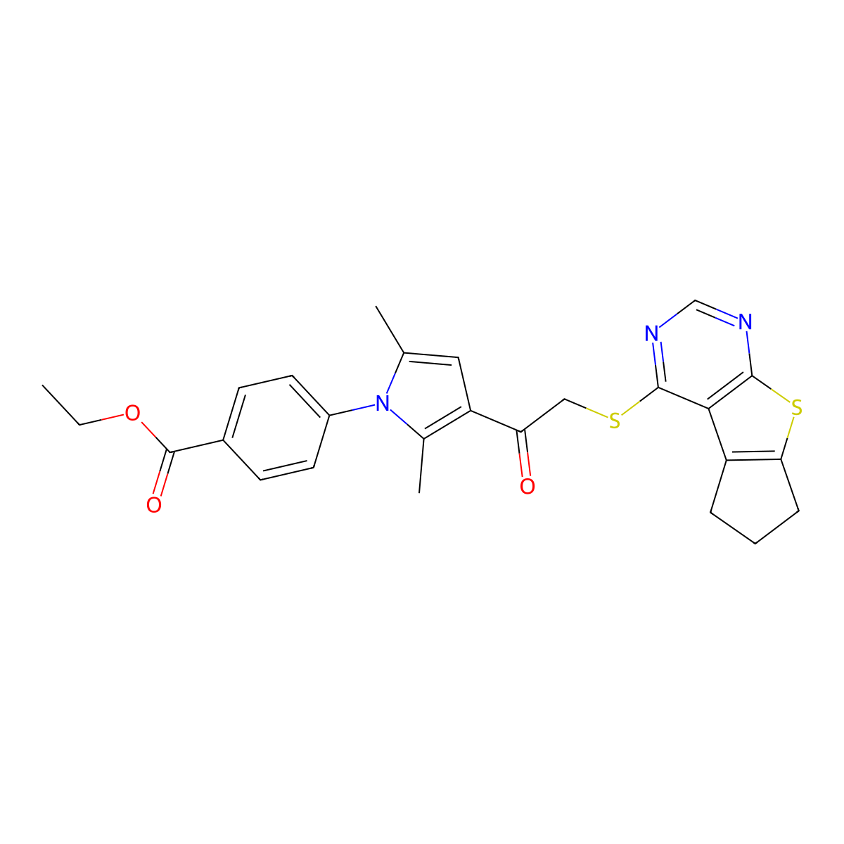 ethyl 4-[2,5-dimethyl-3-(2-{7-thia-9,11-diazatricyclo[6.4.0.0^{2,6}]dodeca-1(12),2(6),8,10-tetraen-12-ylsulfanyl}acetyl)-1H-pyrrol-1-yl]benzoate molecular structure, CAS 499232-29-0