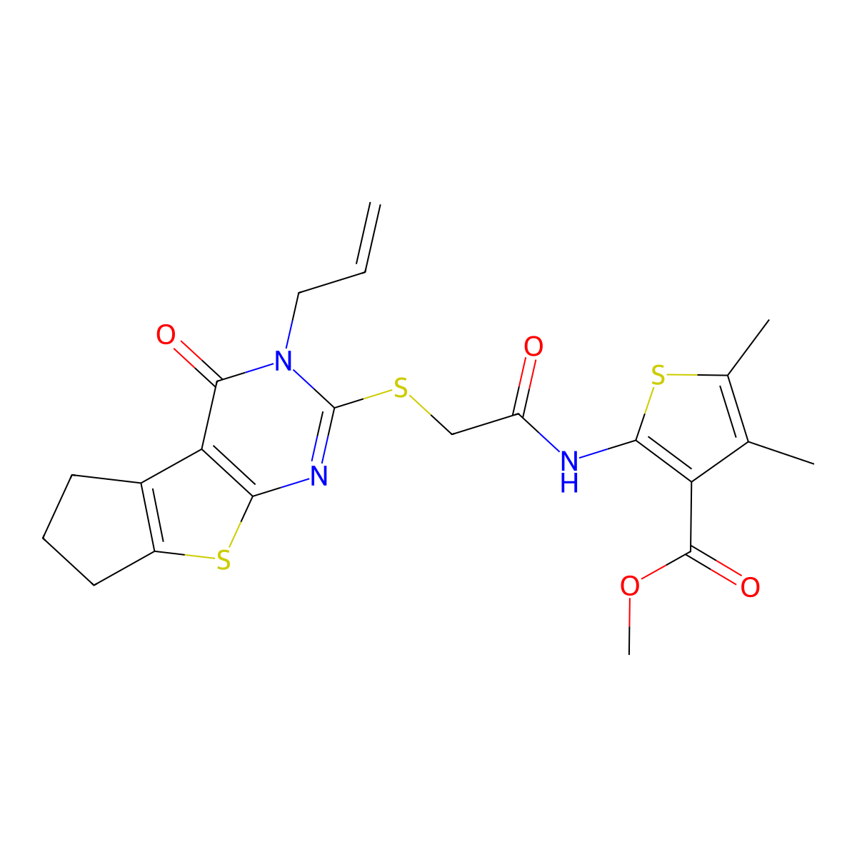 Methyl 4,5-dimethyl-2-(2-{[12-oxo-11-(prop-2-en-1-yl)-7-thia-9,11-diazatricyclo[6.4.0.0^{2,6}]dodeca-1(8),2(6),9-trien-10-yl]sulfanyl}acetamido)thiophene-3-carboxylate molecular structure, CAS 499232-45-0