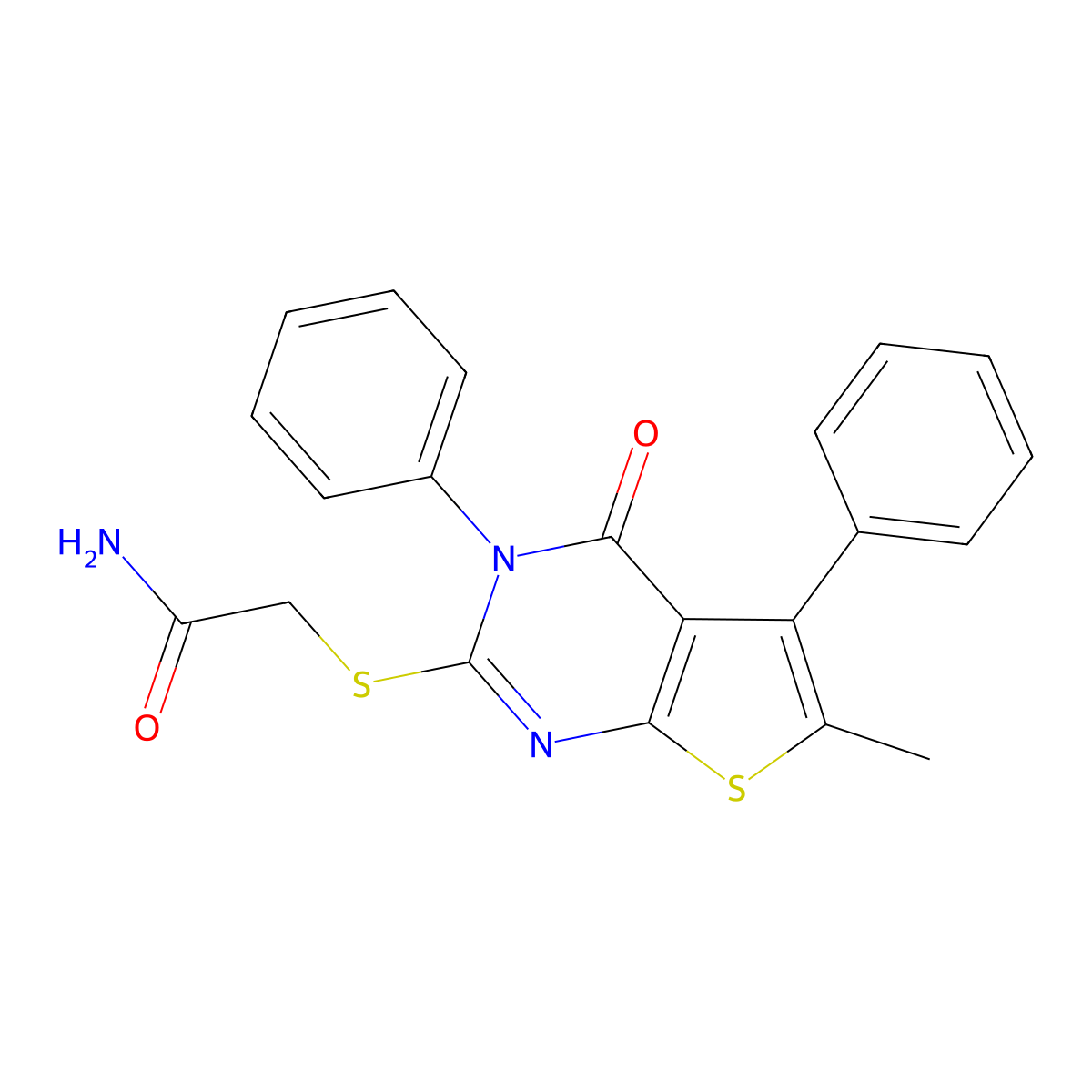 2-({6-methyl-4-oxo-3,5-diphenyl-3H,4H-thieno[2,3-d]pyrimidin-2-yl}sulfanyl)acetamide molecular structure, CAS 499233-24-8