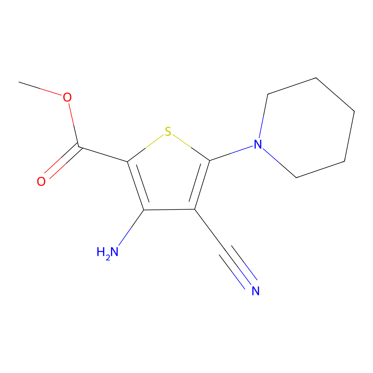 Methyl 3-amino-4-cyano-5-(piperidin-1-yl)thiophene-2-carboxylate molecular structure, CAS 499771-09-4