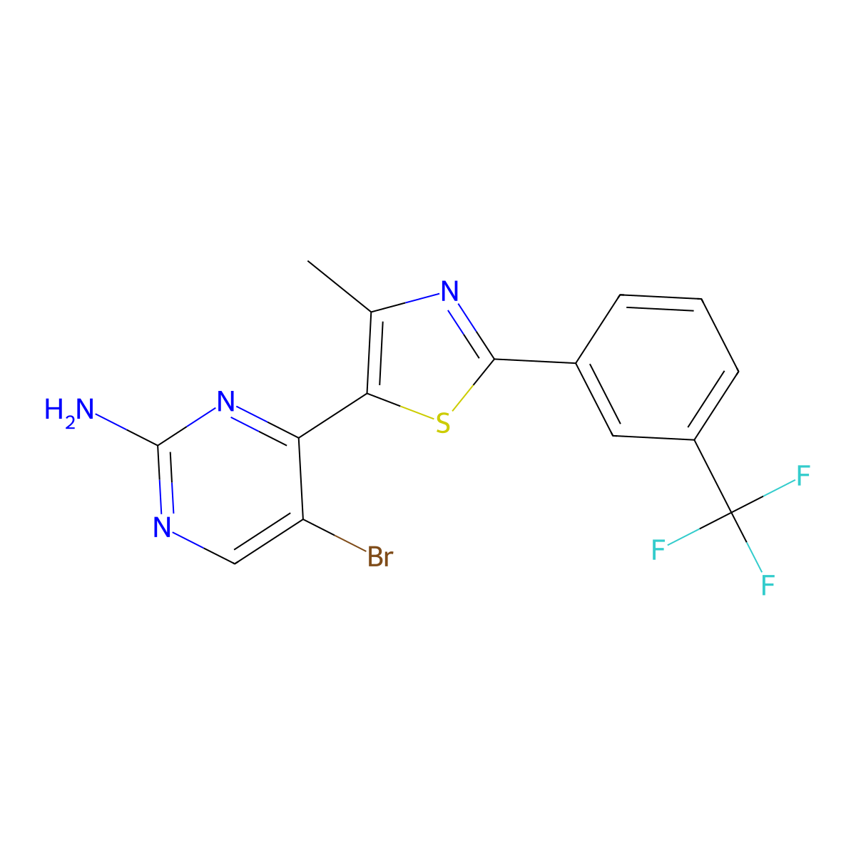 5-Bromo-4-{4-methyl-2-[3-(trifluoromethyl)phenyl]-1,3-thiazol-5-yl}pyrimidin-2-amine molecular structure, CAS 499795-95-8