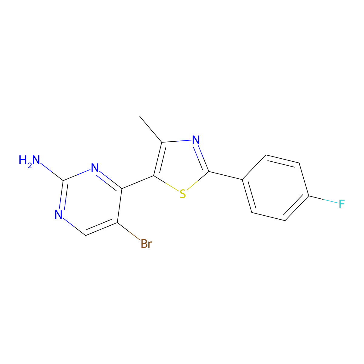 5-Bromo-4-[2-(4-fluorophenyl)-4-methyl-1,3-thiazol-5-yl]pyrimidin-2-amine molecular structure, CAS 499795-97-0