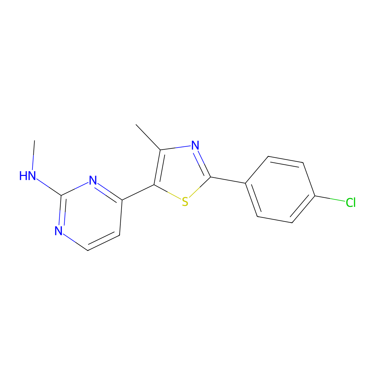 4-[2-(4-chlorophenyl)-4-methyl-1,3-thiazol-5-yl]-N-methylpyrimidin-2-amine molecular structure, CAS 499796-97-3