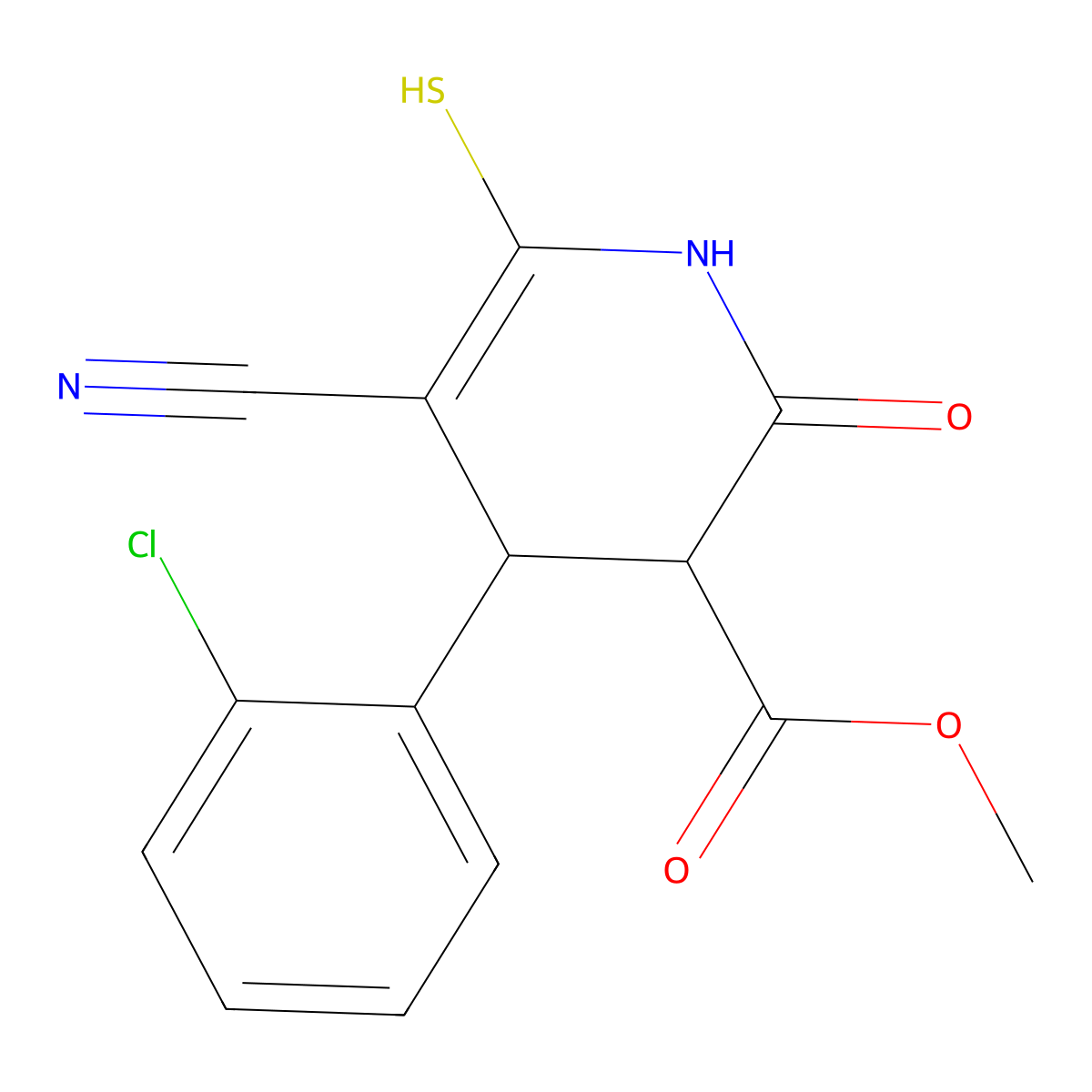 Methyl 4-(2-chlorophenyl)-5-cyano-6-mercapto-2-oxo-1,2,3,4-tetrahydropyridine-3-carboxylate molecular structure, CAS 499985-84-1