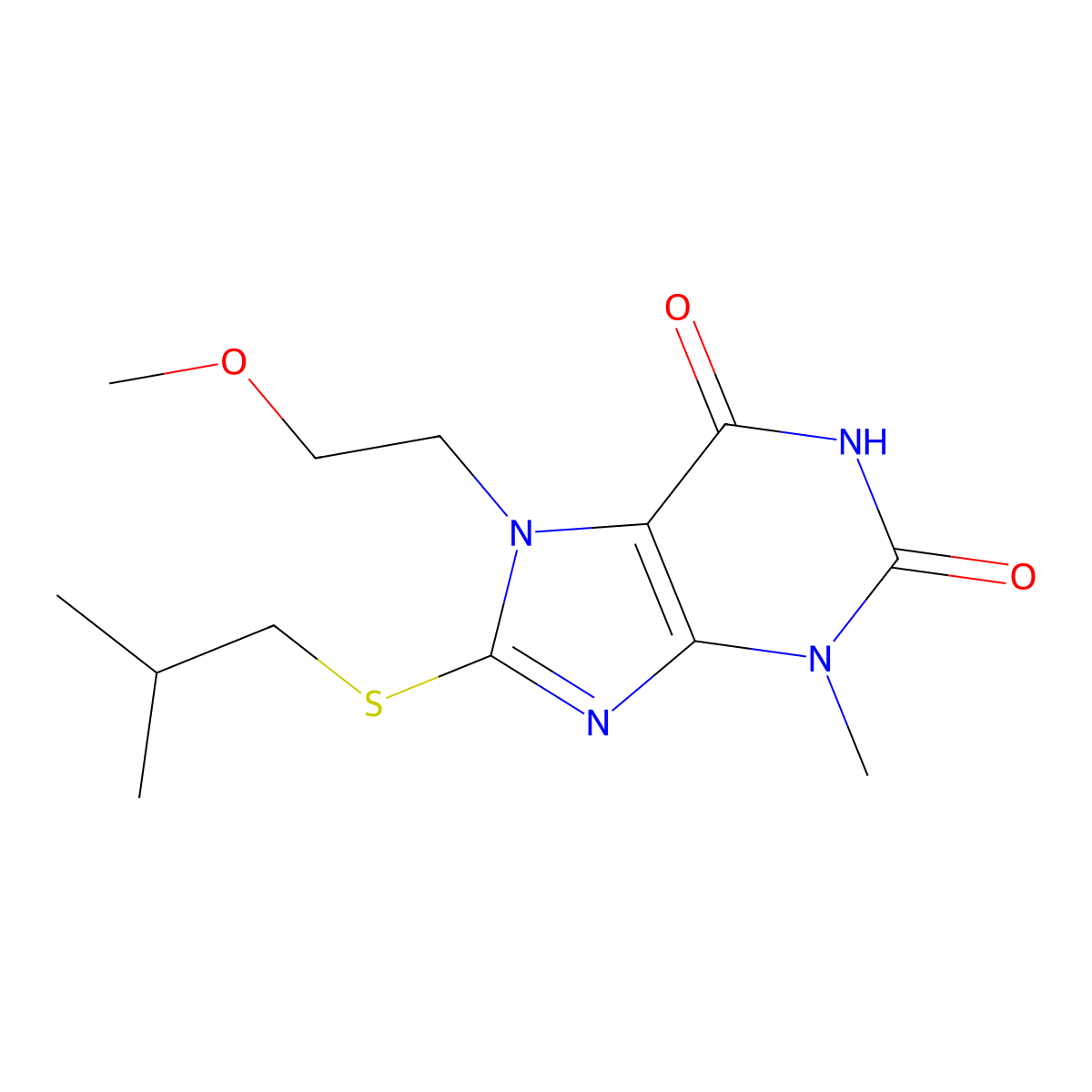 7-(2-Methoxyethyl)-3-methyl-8-(2-methylpropylsulfanyl)purine-2,6-dione molecular structure, CAS 499986-57-1