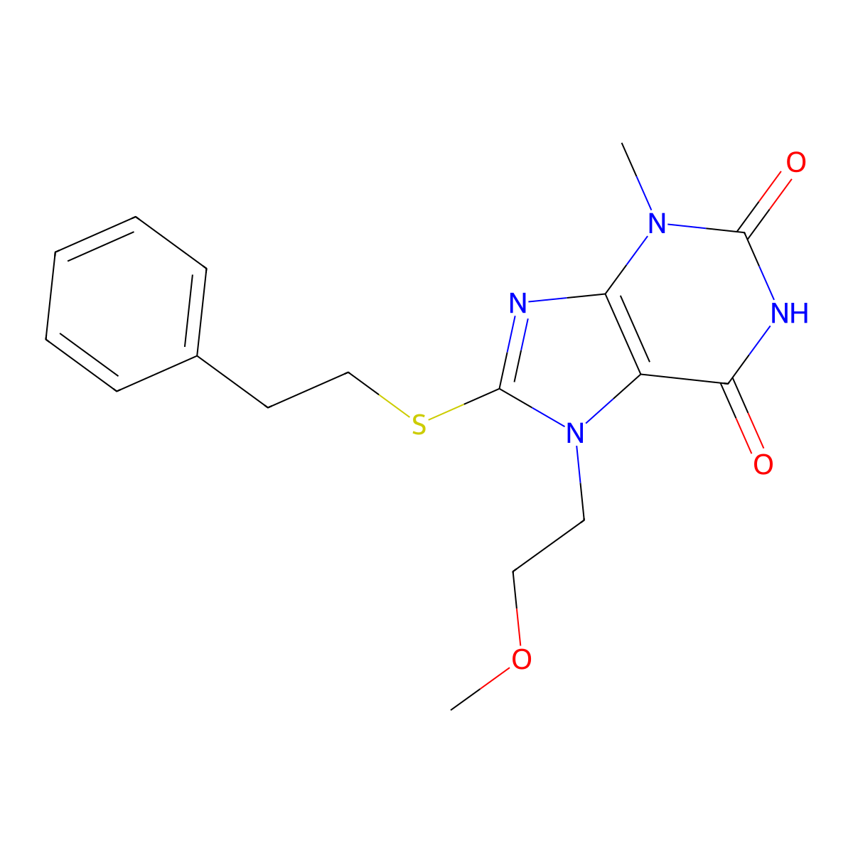 7-(2-methoxyethyl)-3-methyl-8-(phenethylthio)-1H-purine-2,6(3H,7H)-dione molecular structure, CAS 499986-58-2