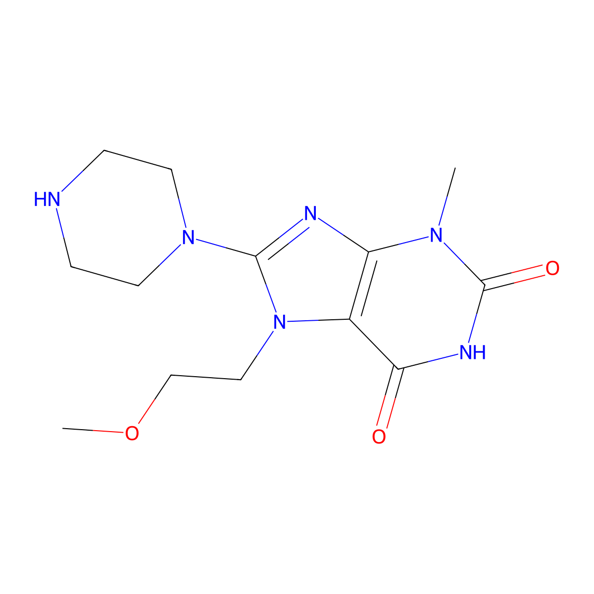 7-(2-methoxyethyl)-3-methyl-8-(piperazin-1-yl)-1H-purine-2,6(3H,7H)-dione molecular structure, CAS 499986-59-3
