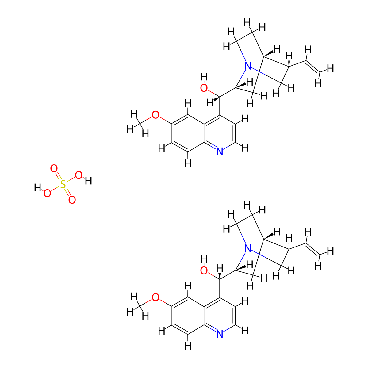 Quinidine sulfate anhydrous molecular structure, CAS 50-54-4