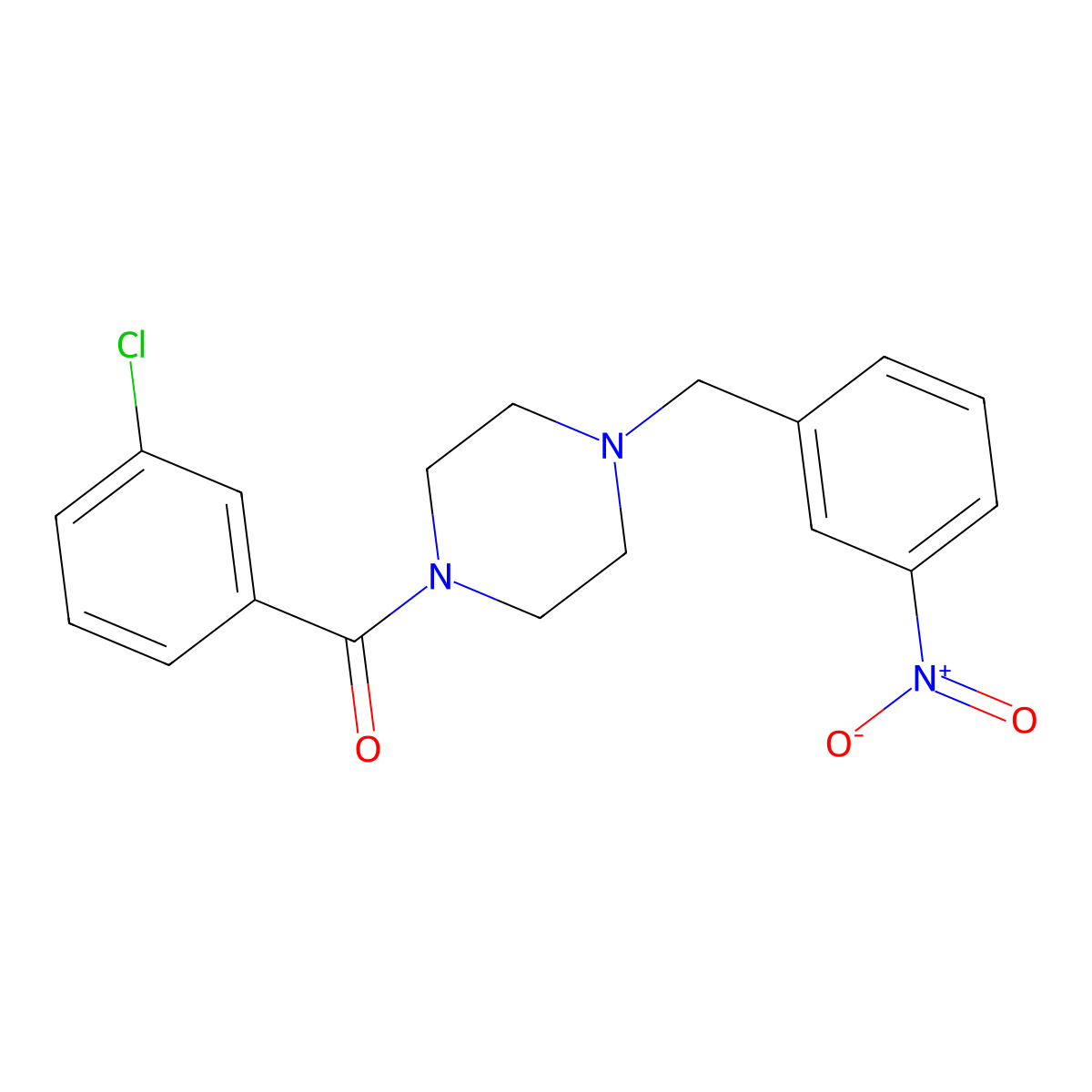 (3-Chlorophenyl)-[4-[(3-nitrophenyl)methyl]piperazin-1-yl]methanone molecular structure, CAS 500001-45-6