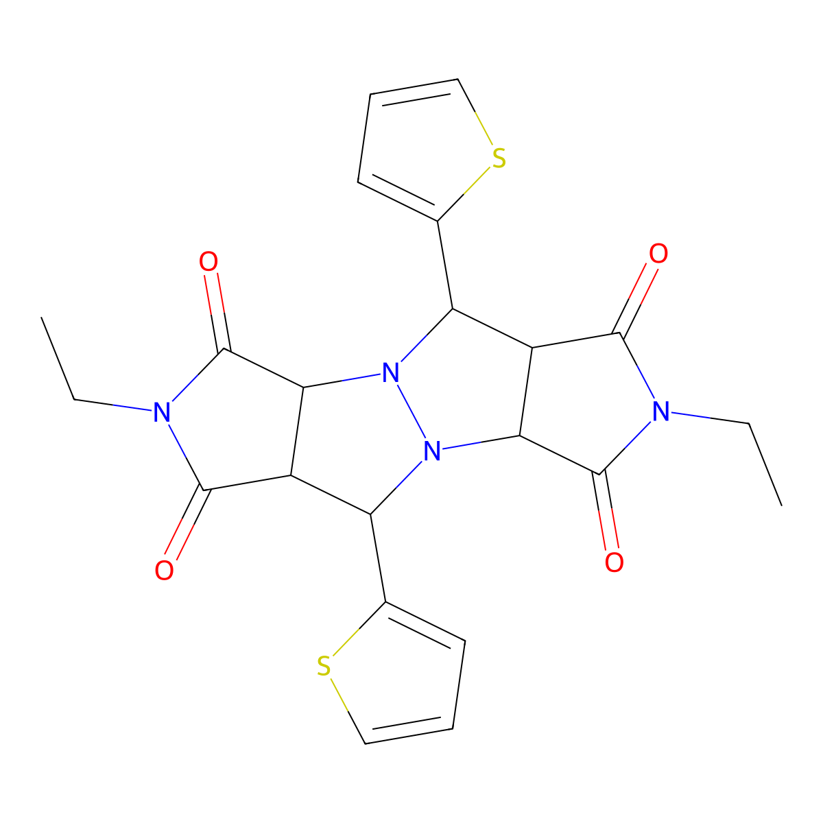 2,7-diethyl-5,10-di(thiophen-2-yl)tetrahydropyrrolo[3,4-c]pyrrolo[3',4':4,5]pyrazolo[1,2-a]pyrazole-1,3,6,8(2H,3aH,7H,8aH)-tetraone molecular structure, CAS 500102-20-5