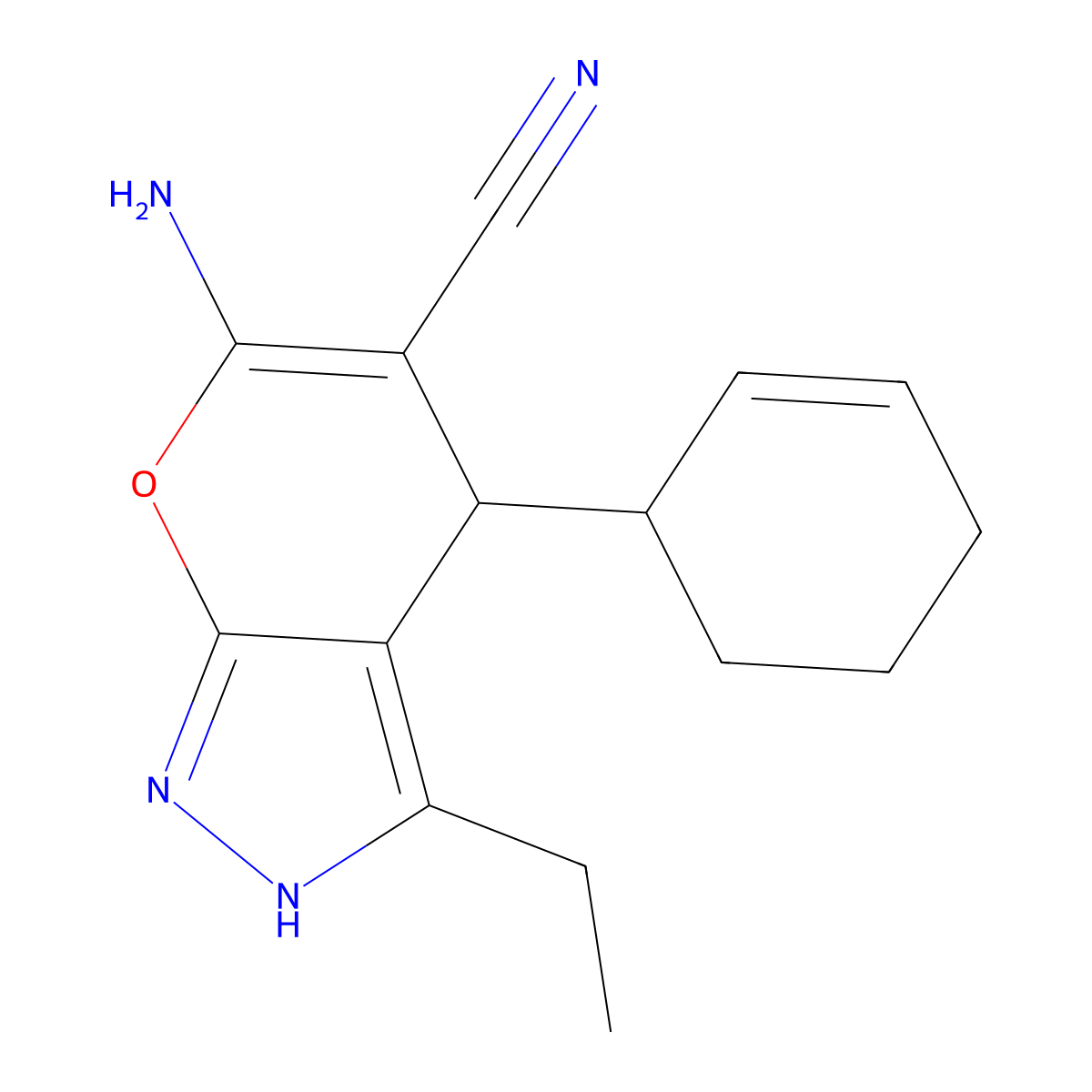 6-Amino-4-cyclohex-2-en-1-yl-3-ethyl-2,4-dihydropyrano[2,3-c]pyrazole-5-carbonitrile molecular structure, CAS 500104-27-8