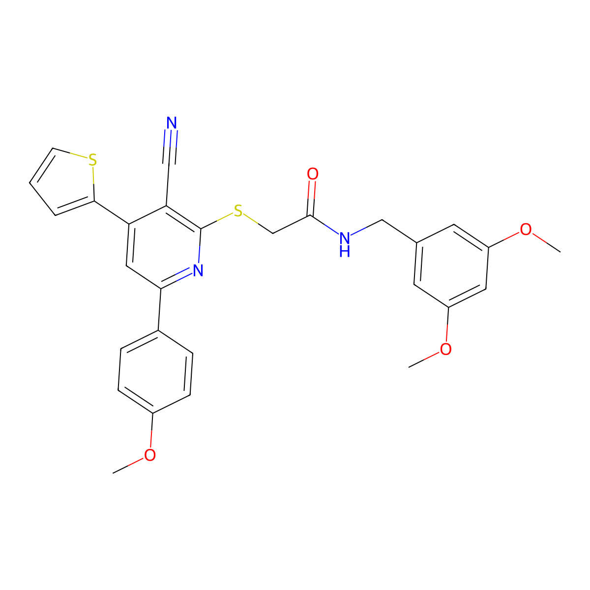2-[3-cyano-6-(4-methoxyphenyl)-4-thiophen-2-ylpyridin-2-yl]sulfanyl-N-[(3,5-dimethoxyphenyl)methyl]acetamide molecular structure, CAS 500104-57-4