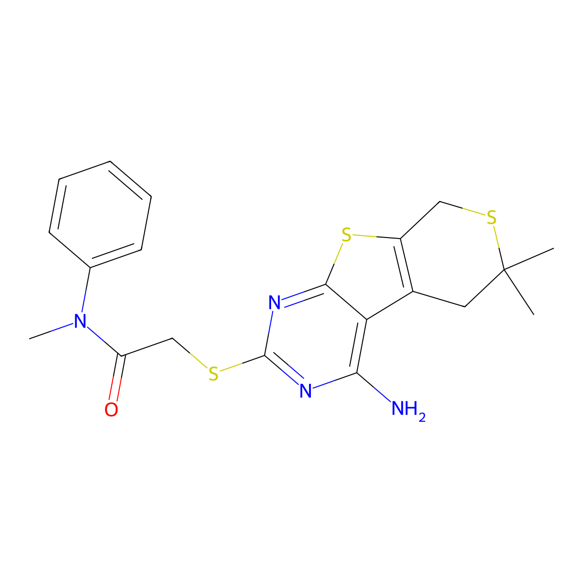 2-[(4-amino-6,6-dimethyl-5,8-dihydro-6H-thiopyrano[4',3':4,5]thieno[2,3-d]pyrimidin-2-yl)sulfanyl]-N-methyl-N-phenylacetamide molecular structure, CAS 500104-58-5