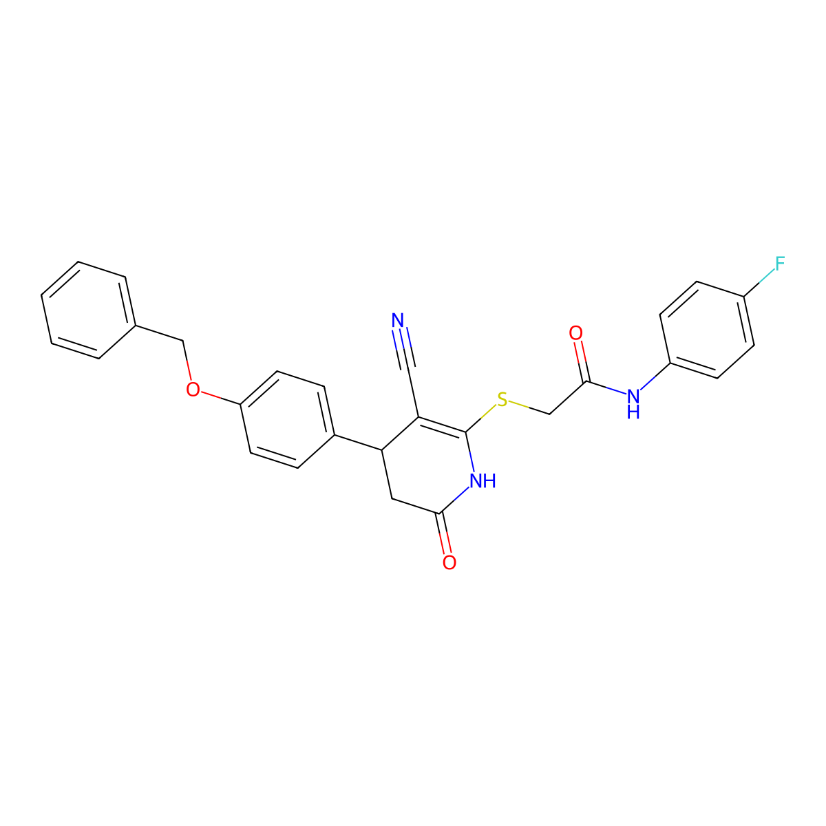 2-[[5-cyano-2-oxo-4-(4-phenylmethoxyphenyl)-3,4-dihydro-1H-pyridin-6-yl]sulfanyl]-N-(4-fluorophenyl)acetamide molecular structure, CAS 500106-23-0