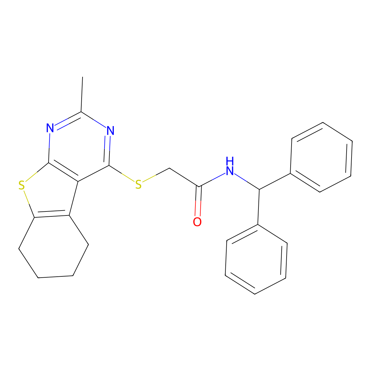 N-(diphenylmethyl)-2-[(2-methyl-5,6,7,8-tetrahydro[1]benzothieno[2,3-d]pyrimidin-4-yl)sulfanyl]acetamide molecular structure, CAS 500106-87-6