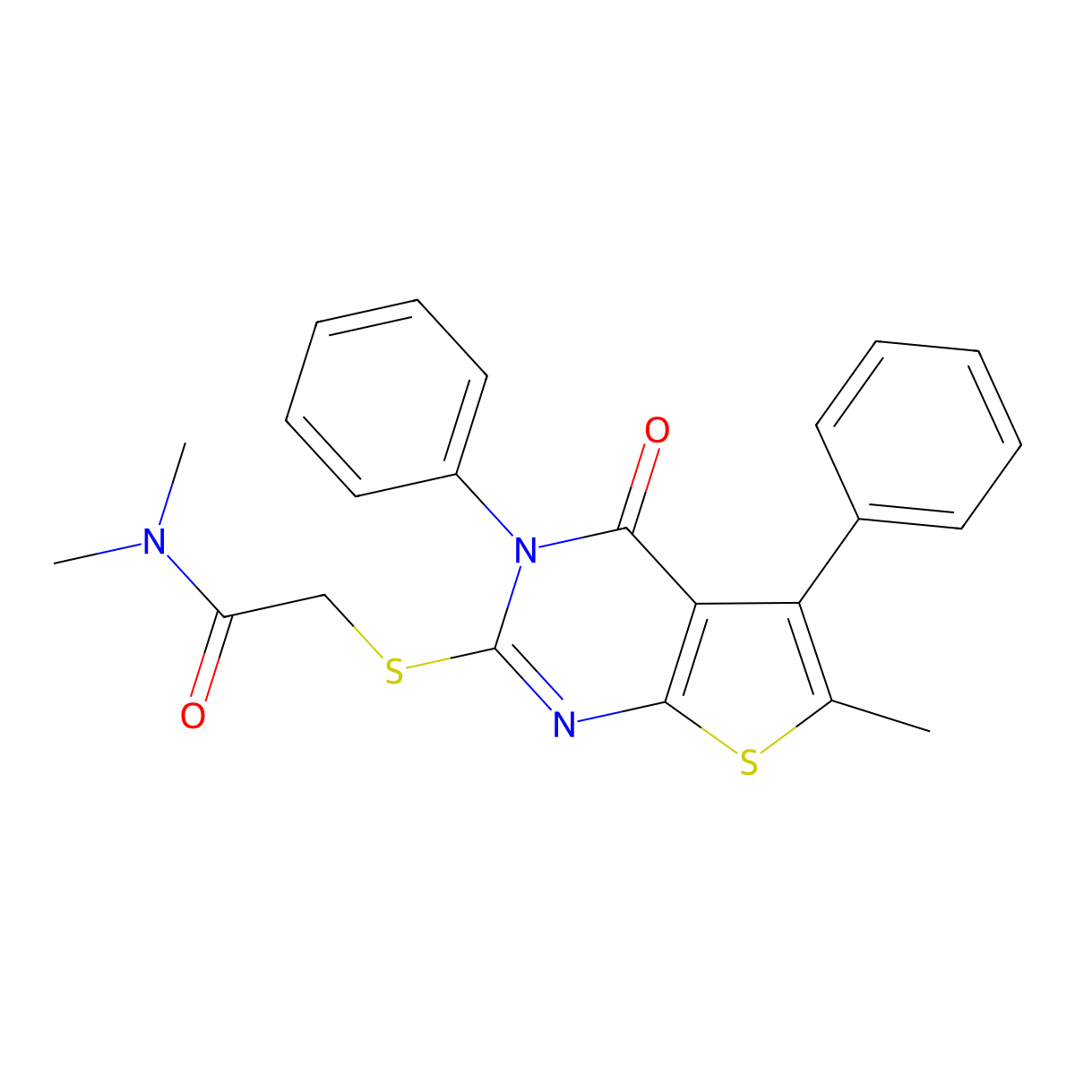 N,N-dimethyl-2-({6-methyl-4-oxo-3,5-diphenyl-3H,4H-thieno[2,3-d]pyrimidin-2-yl}sulfanyl)acetamide molecular structure, CAS 500111-79-5