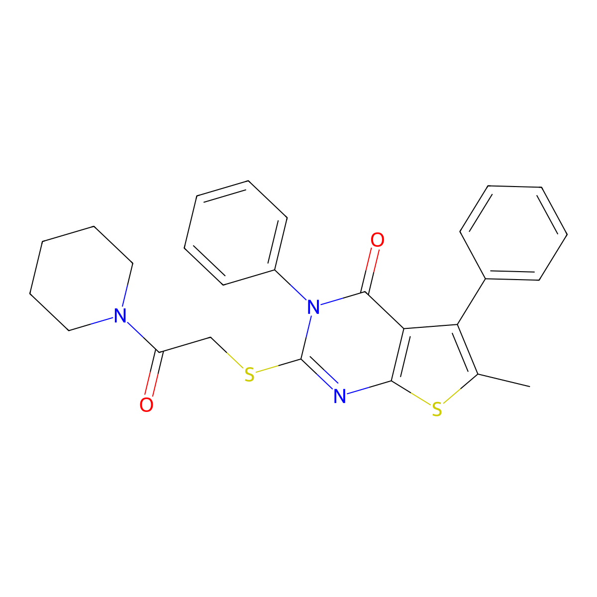 6-methyl-2-{[2-oxo-2-(piperidin-1-yl)ethyl]sulfanyl}-3,5-diphenyl-3H,4H-thieno[2,3-d]pyrimidin-4-one molecular structure, CAS 500111-92-2
