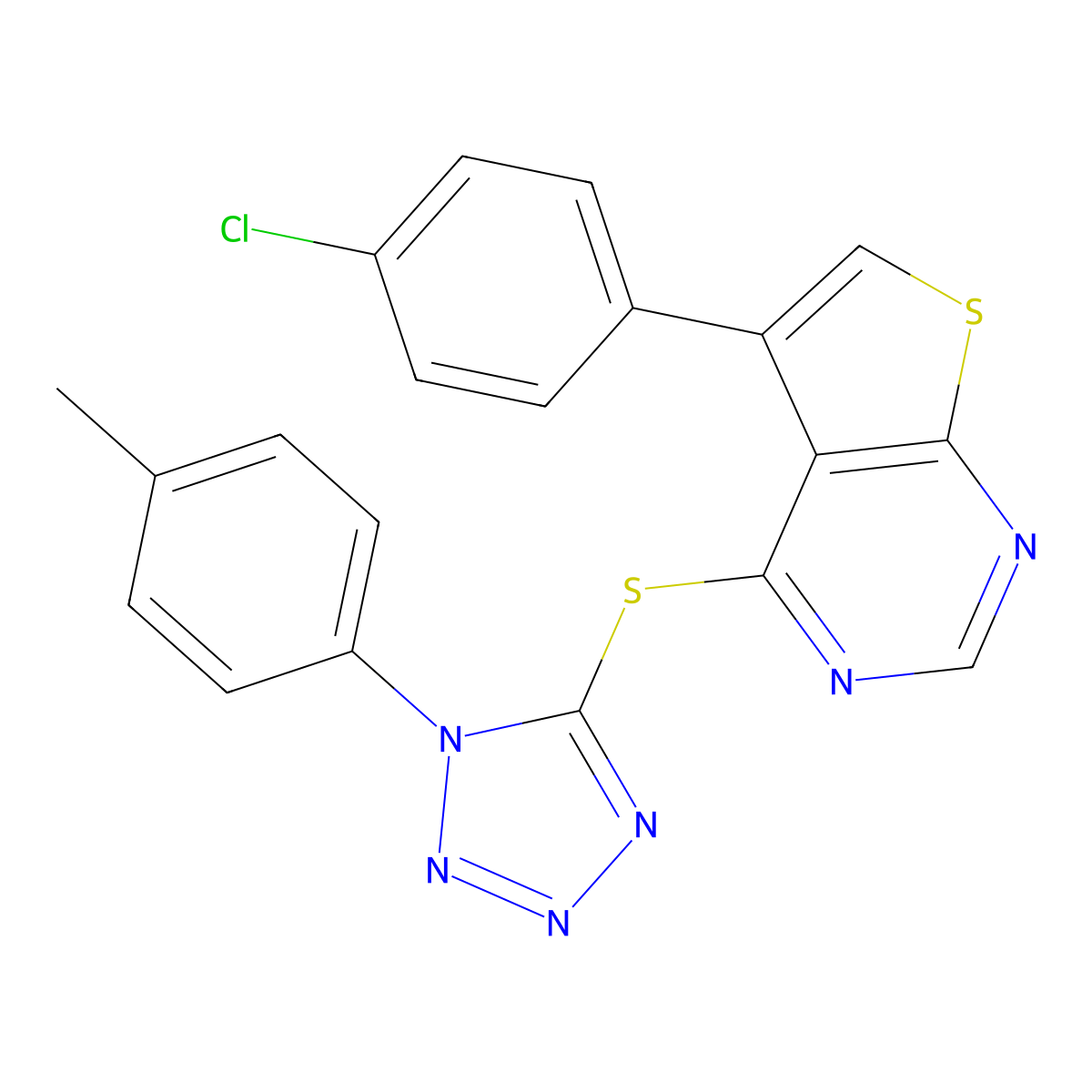 5-(4-chlorophenyl)-4-{[1-(4-methylphenyl)-1H-tetrazol-5-yl]sulfanyl}thieno[2,3-d]pyrimidine molecular structure, CAS 500112-07-2