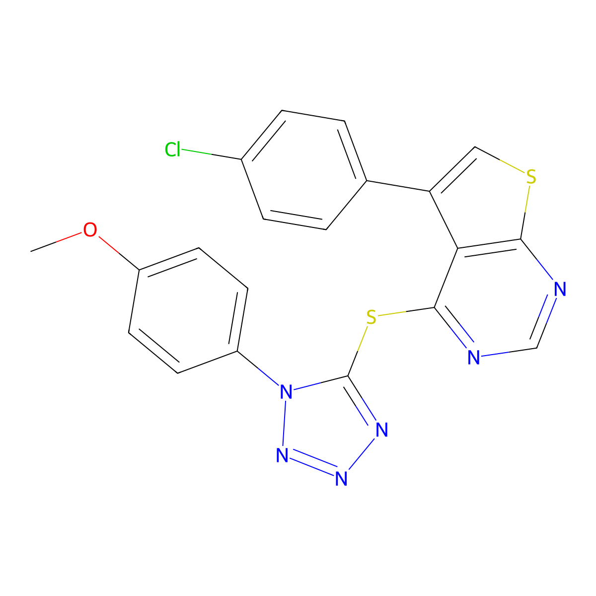 5-(4-chlorophenyl)-4-{[1-(4-methoxyphenyl)-1H-tetrazol-5-yl]sulfanyl}thieno[2,3-d]pyrimidine molecular structure, CAS 500112-08-3