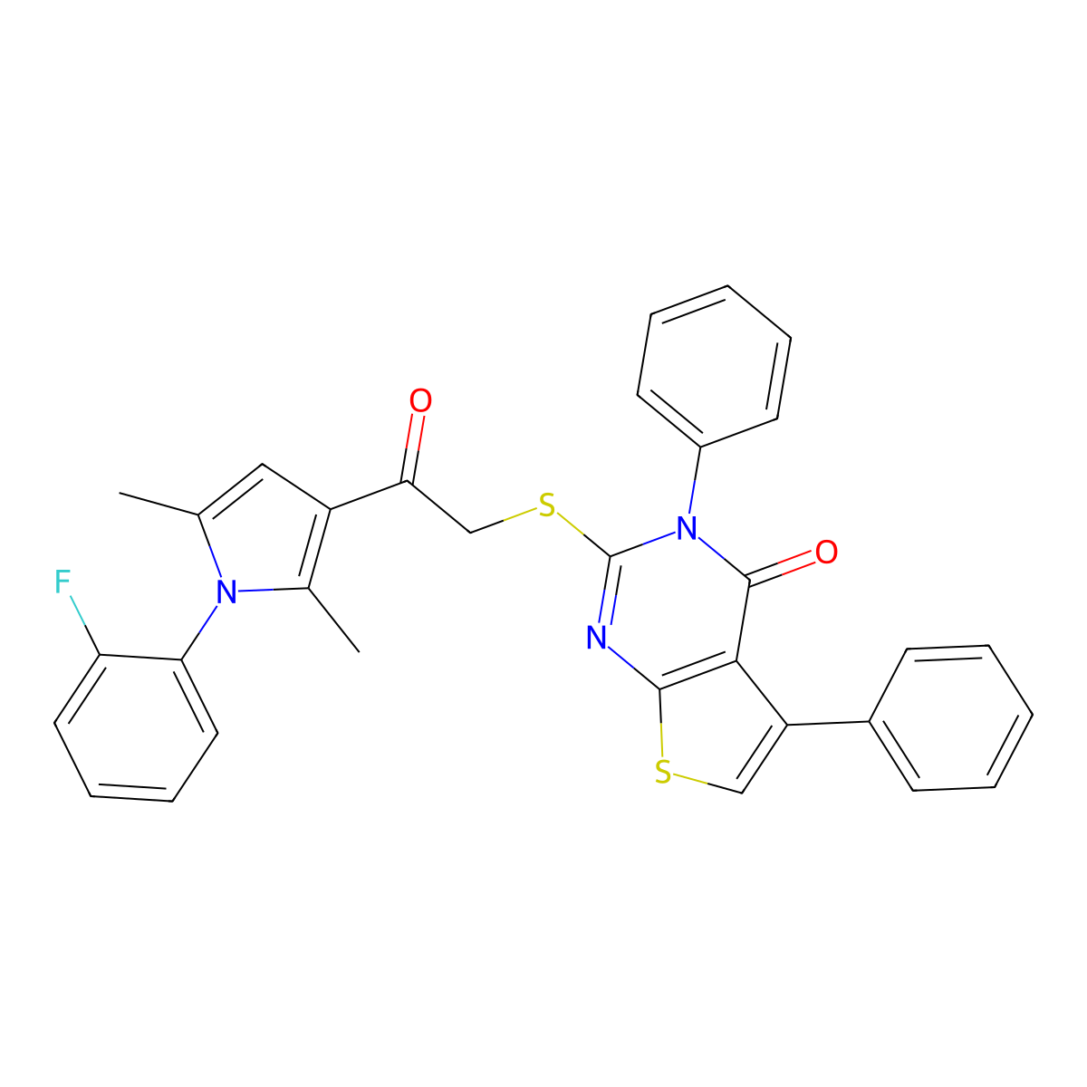 2-({2-[1-(2-fluorophenyl)-2,5-dimethyl-1H-pyrrol-3-yl]-2-oxoethyl}sulfanyl)-3,5-diphenyl-3H,4H-thieno[2,3-d]pyrimidin-4-one molecular structure, CAS 500112-15-2