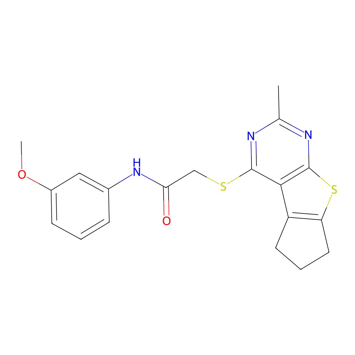 N-(3-methoxyphenyl)-2-(2-methyl(5,6,7-trihydrocyclopenta[2,1-d]pyrimidino[4,5-b]thiophen-4-ylthio))acetamide molecular structure, CAS 500112-18-5