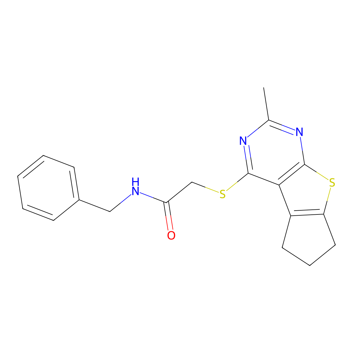 N-benzyl-2-({10-methyl-7-thia-9,11-diazatricyclo[6.4.0.0^{2,6}]dodeca-1(8),2(6),9,11-tetraen-12-yl}sulfanyl)acetamide molecular structure, CAS 500112-34-5