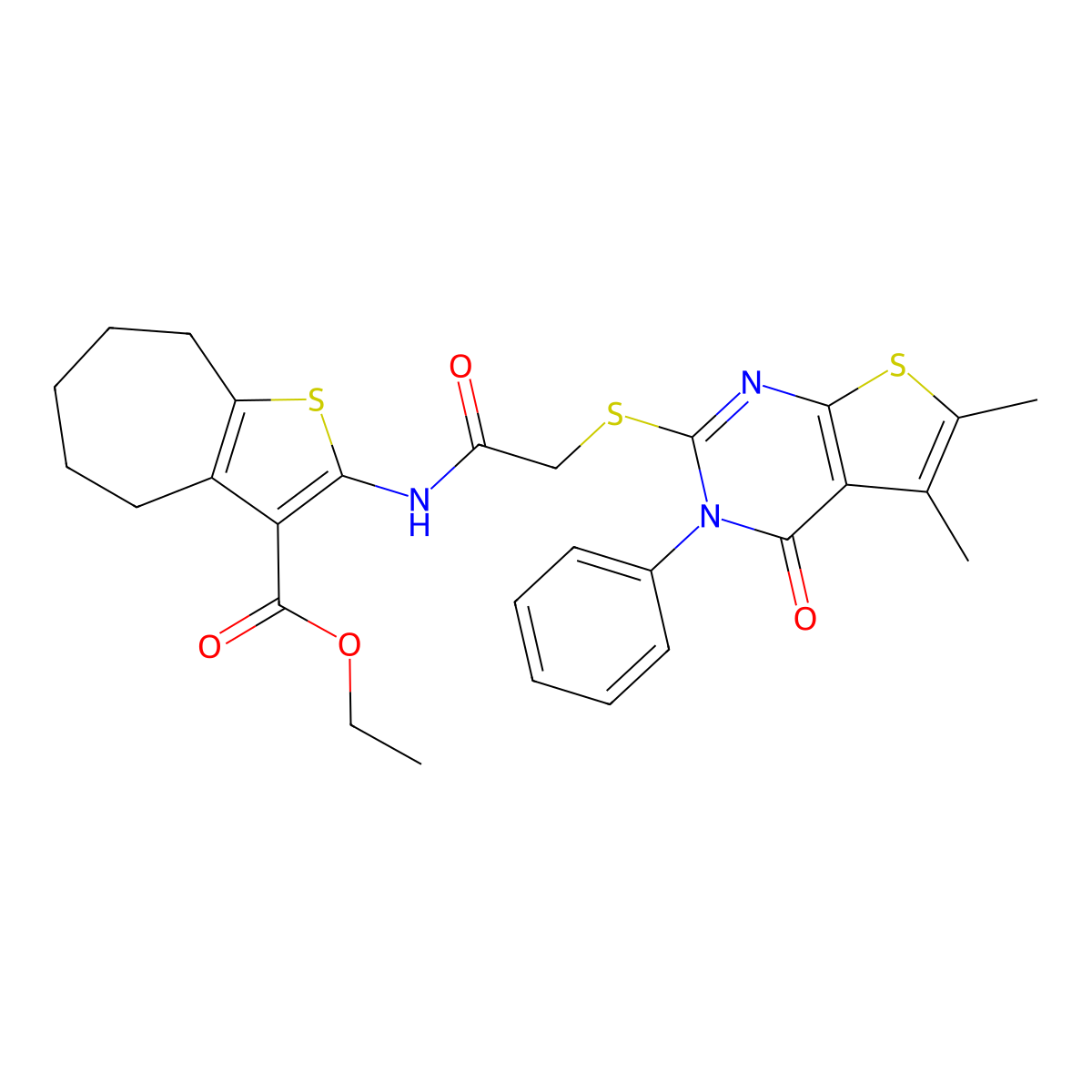 ethyl 2-[2-({5,6-dimethyl-4-oxo-3-phenyl-3H,4H-thieno[2,3-d]pyrimidin-2-yl}sulfanyl)acetamido]-4H,5H,6H,7H,8H-cyclohepta[b]thiophene-3-carboxylate molecular structure, CAS 500112-47-0