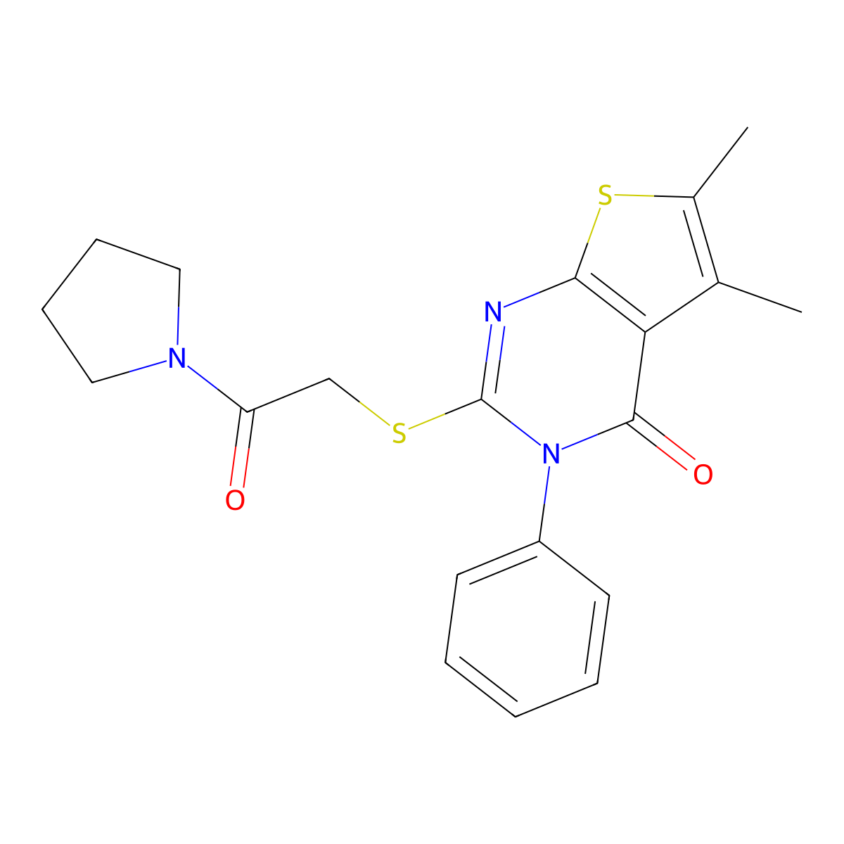 5,6-dimethyl-2-{[2-oxo-2-(pyrrolidin-1-yl)ethyl]sulfanyl}-3-phenyl-3H,4H-thieno[2,3-d]pyrimidin-4-one molecular structure, CAS 500112-48-1