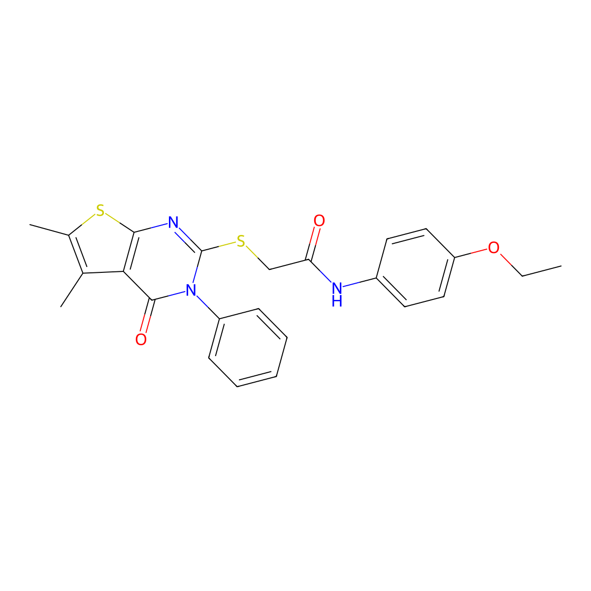 2-(5,6-dimethyl-4-oxo-3-phenyl(3-hydrothiopheno[2,3-d]pyrimidin-2-ylthio))-N-(4-ethoxyphenyl)acetamide molecular structure, CAS 500112-83-4