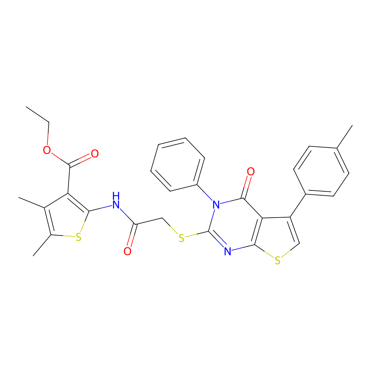 Ethyl 4,5-dimethyl-2-(2-((4-oxo-3-phenyl-5-(p-tolyl)-3,4-dihydrothieno[2,3-d]pyrimidin-2-yl)thio)acetamido)thiophene-3-carboxylate molecular structure, CAS 500112-88-9