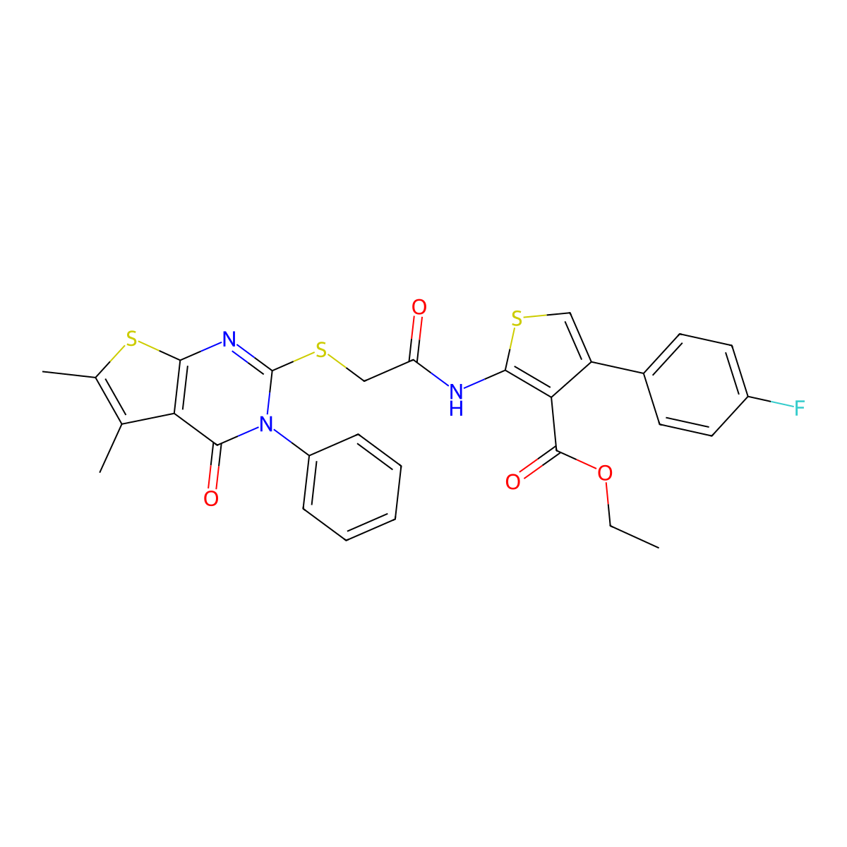 Ethyl 2-(2-((5,6-dimethyl-4-oxo-3-phenyl-3,4-dihydrothieno[2,3-d]pyrimidin-2-yl)thio)acetamido)-4-(4-fluorophenyl)thiophene-3-carboxylate molecular structure, CAS 500113-01-9