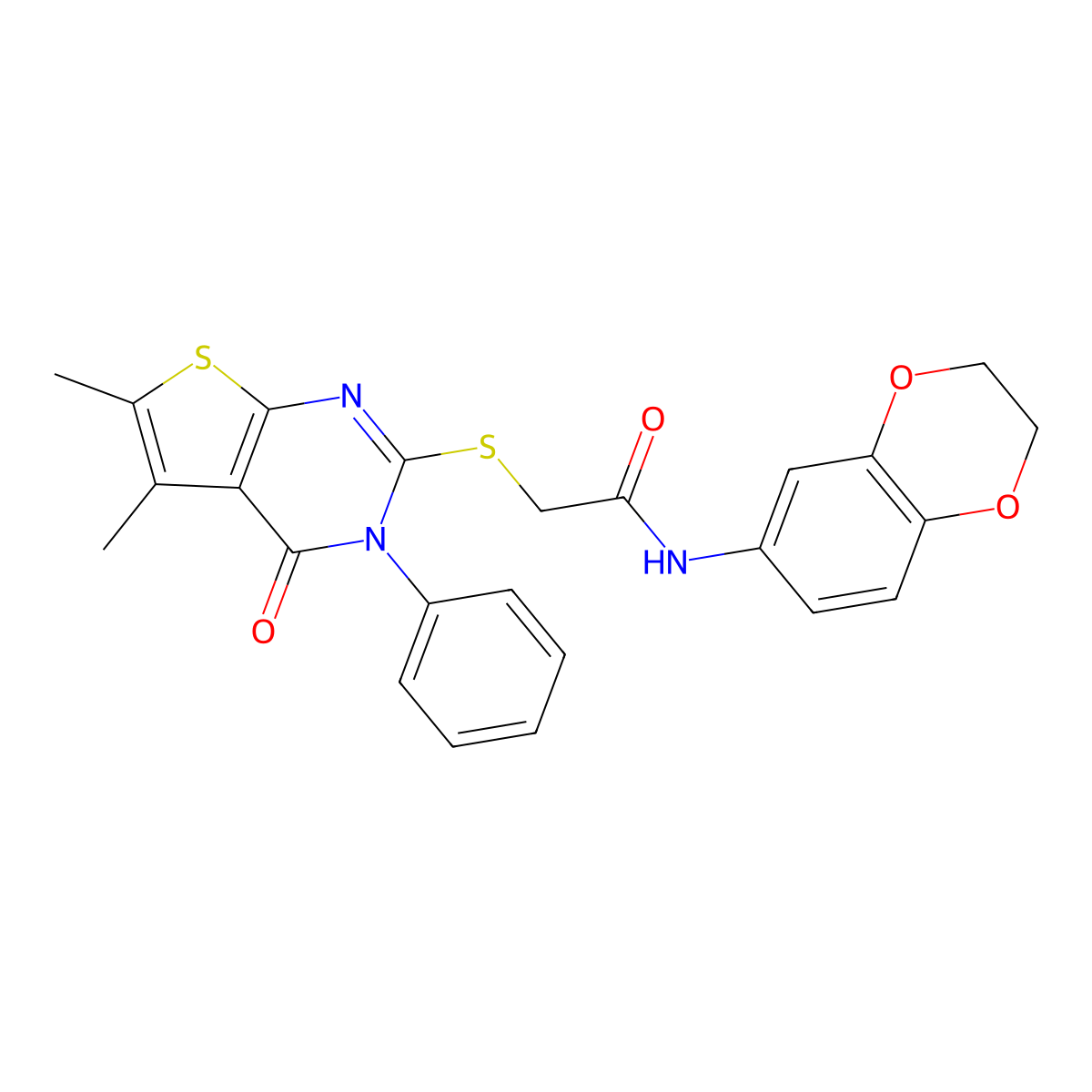 N-(2,3-dihydro-1,4-benzodioxin-6-yl)-2-({5,6-dimethyl-4-oxo-3-phenyl-3H,4H-thieno[2,3-d]pyrimidin-2-yl}sulfanyl)acetamide molecular structure, CAS 500113-07-5