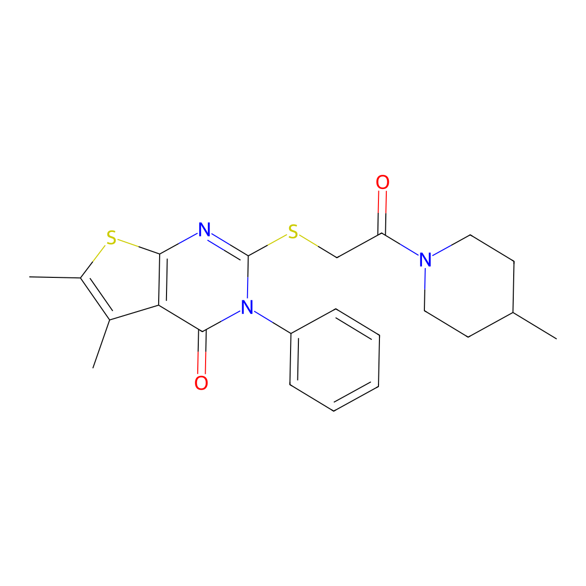 5,6-dimethyl-2-{[2-(4-methylpiperidin-1-yl)-2-oxoethyl]sulfanyl}-3-phenyl-3H,4H-thieno[2,3-d]pyrimidin-4-one molecular structure, CAS 500113-31-5
