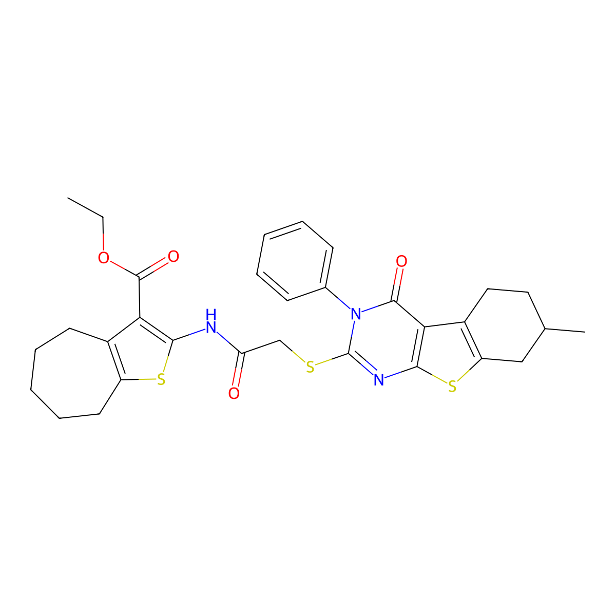 ethyl 2-[[2-[(7-methyl-4-oxo-3-phenyl-5,6,7,8-tetrahydro-[1]benzothiolo[2,3-d]pyrimidin-2-yl)sulfanyl]acetyl]amino]-5,6,7,8-tetrahydro-4H-cyclohepta[b]thiophene-3-carboxylate molecular structure, CAS 500113-45-1