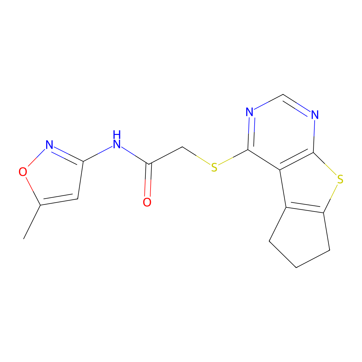 2-((6,7-dihydro-5H-cyclopenta[4,5]thieno[2,3-d]pyrimidin-4-yl)thio)-N-(5-methylisoxazol-3-yl)acetamide molecular structure, CAS 500113-61-1